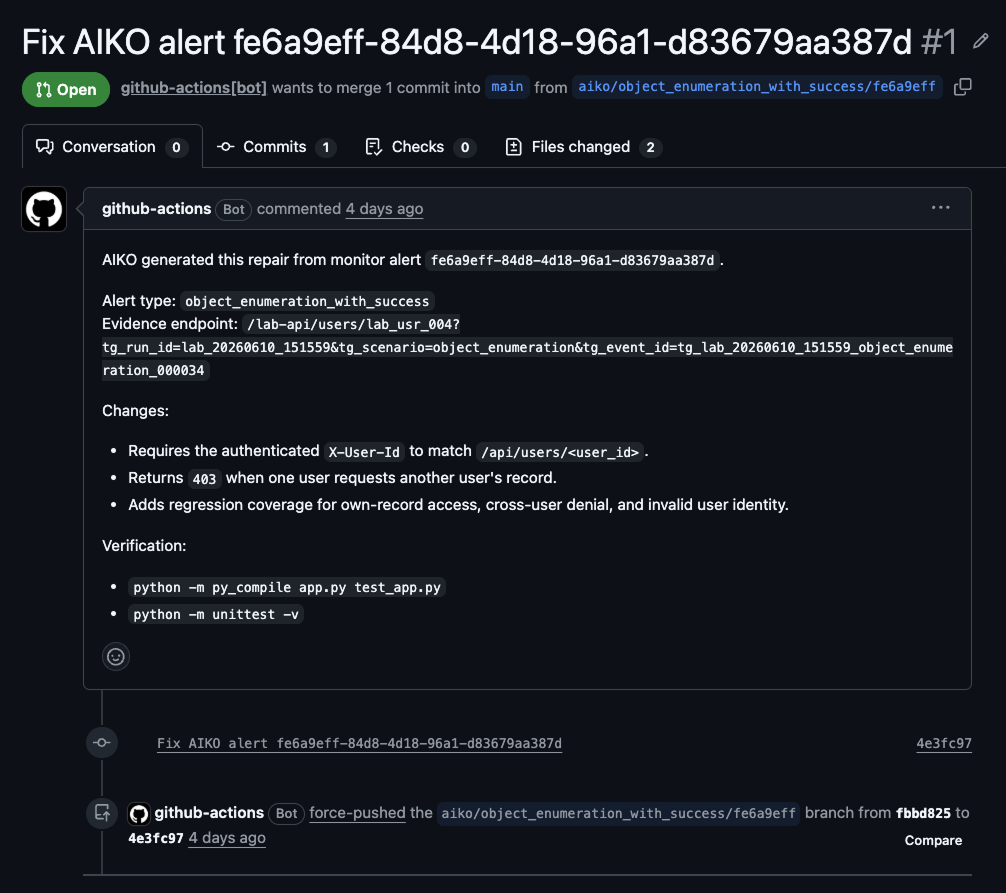 AIKO Monitor automated GitHub repair pull request for an object enumeration alert